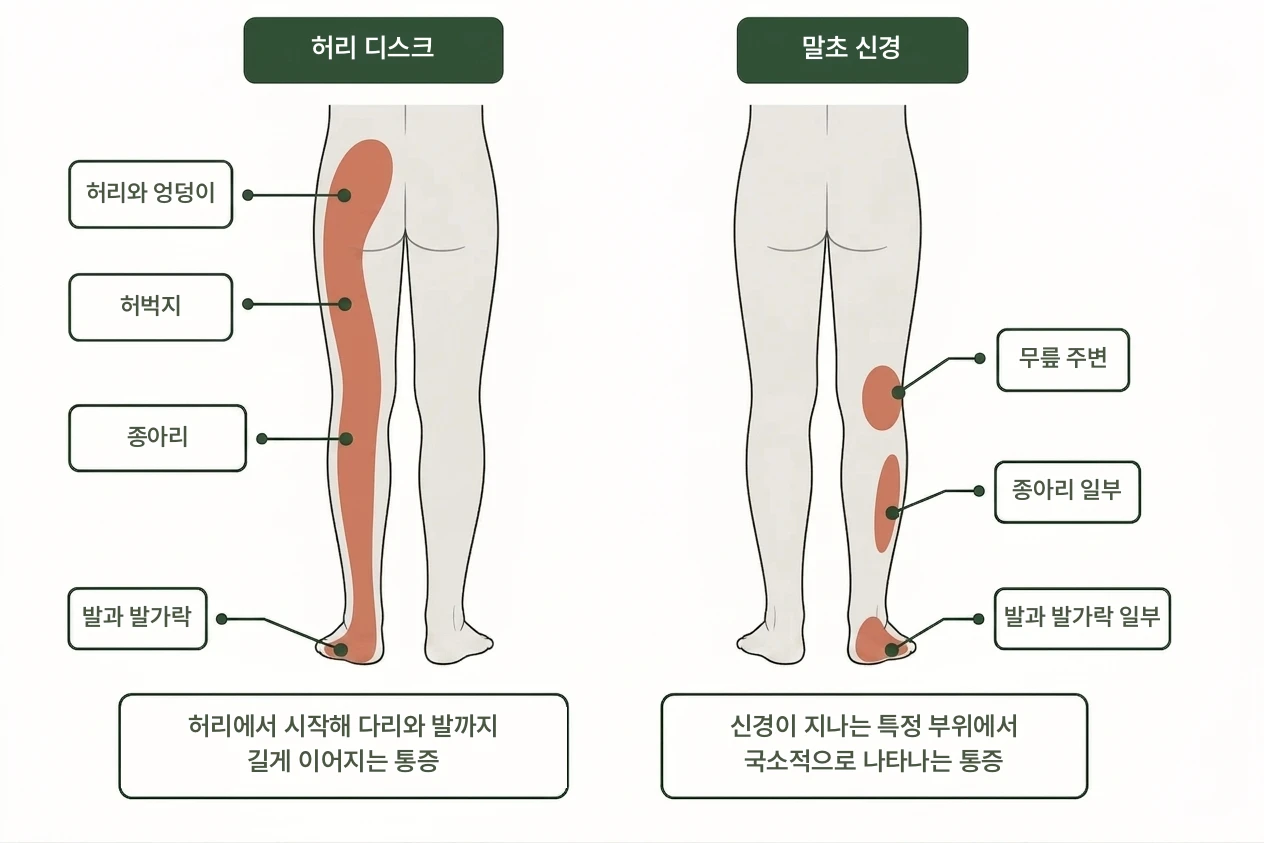 다리 통증, 허리 디스크인지 말초 신경 문제인지 어떻게 알 수 있나요? 설명 이미지