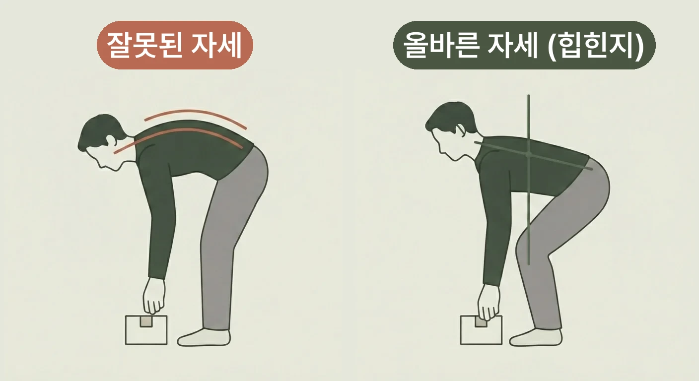 잘못된 허리 숙이기 자세와 힙힌지 자세 비교