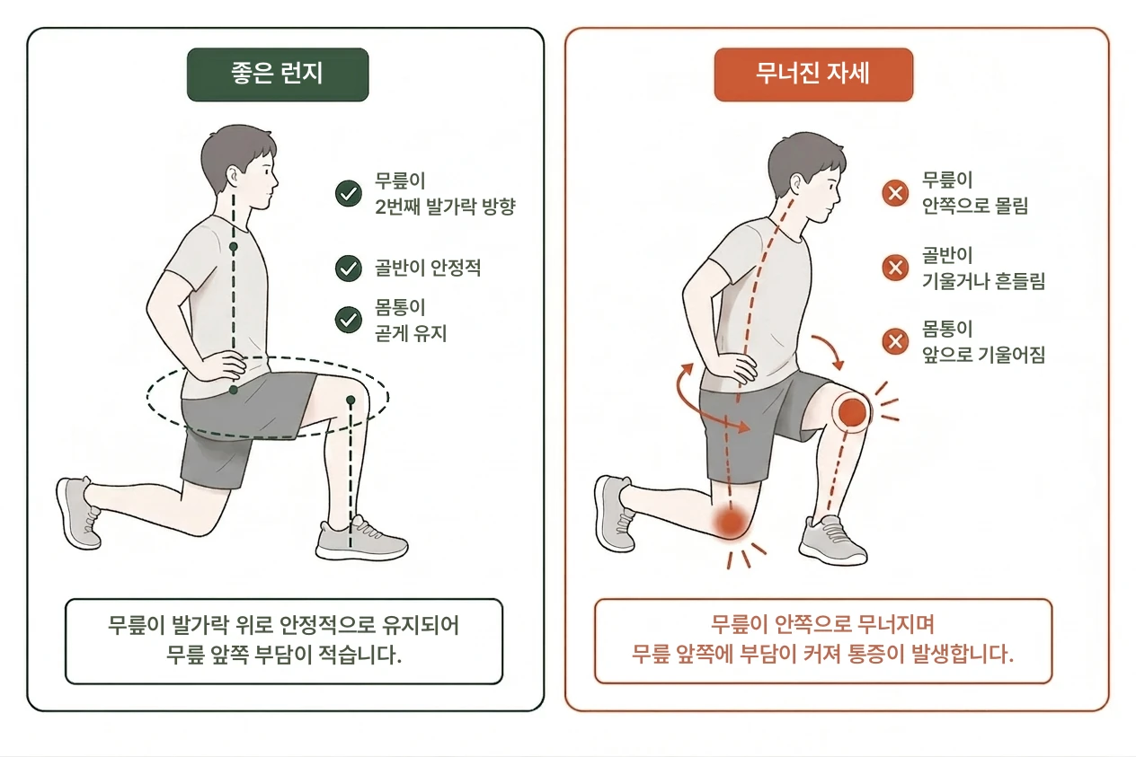 하이록스 런지 후 왜 무릎 앞쪽이 아플까요? 설명 이미지