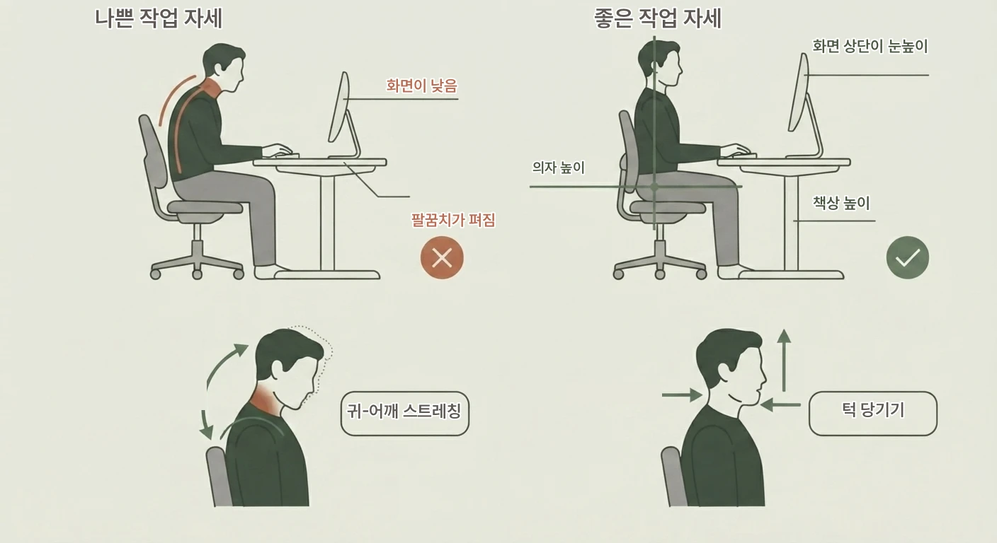 사무직인데 목 통증을 어떻게 예방하나요? 설명 이미지