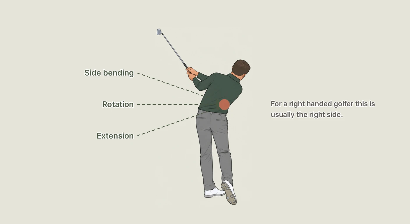 Side bending, rotation and extension converging on one point of the low back early in the downswing