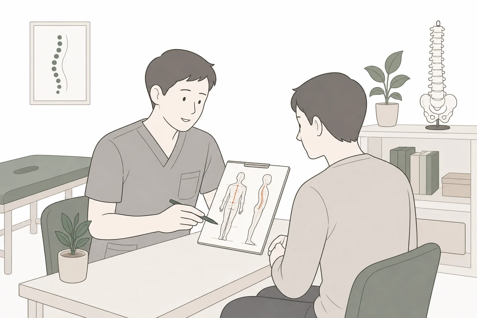 원장이 척추 모형과 그림을 보여주며 환자에게 통증의 원인을 설명하는 모습