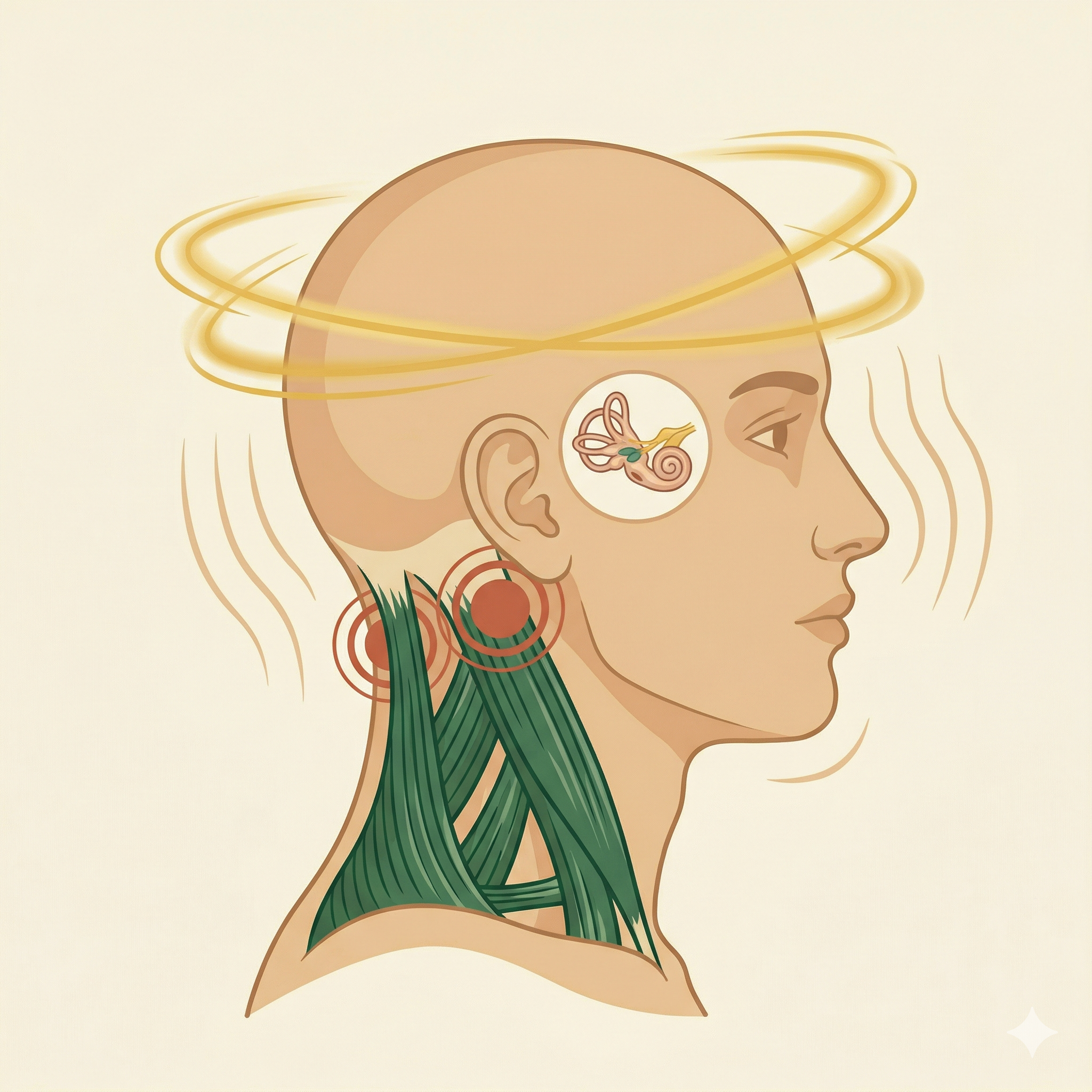 Cervicogenic dizziness and neck muscle connection illustration