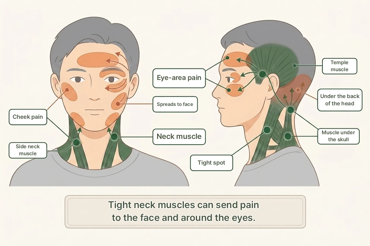 Illustration of how pain travels from the neck muscles into the face and around the eyes